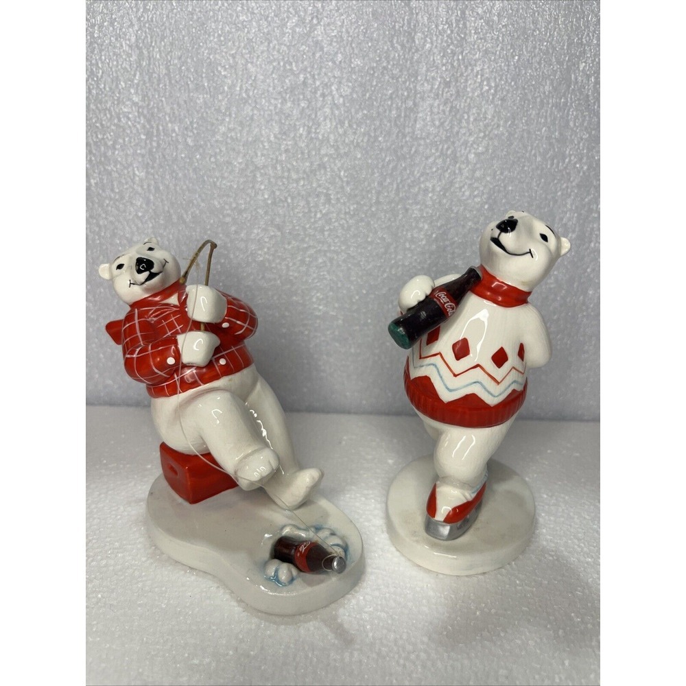Coca‎ Cola 1995 Enesco Ceramic Polar Bear Ice Fishing & Skating Vtg Ornaments